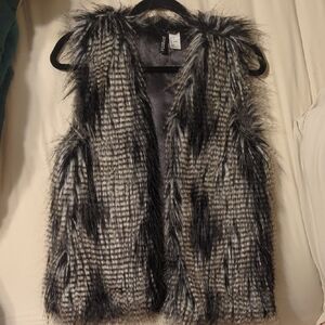 Divided Black and Gray Faux Fur Vest